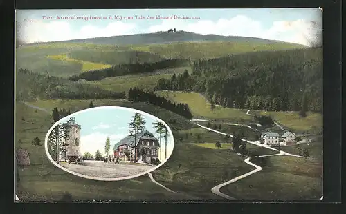 AK Auersberg, Blick vom Tale der kleinen Bockau aus gesehen, Gasthaus und Aussichtsturm