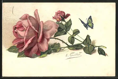 Künstler-AK sign. E. Guillot: Rosenblüten und Schmetterling