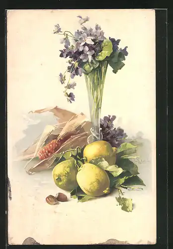 Künstler-AK Catharina Klein: Stillleben mit Zitronen, Maiskolben und blauen Blüten in der Vase