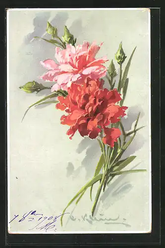 Künstler-AK Catharina Klein: Rote und rosa Blumen in voller Blüte