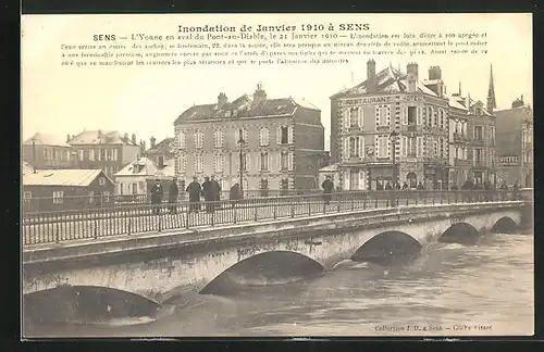 AK Sens, Inondation de Janvier 1910, L`Yonne en aval du Pont-au-Diable, Hochwasser