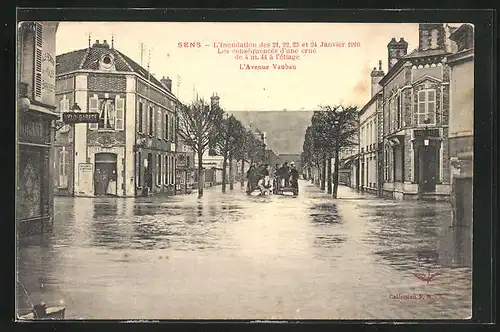 AK Sens, Inondation 1910, L`Avenue Vauban, Hochwasser