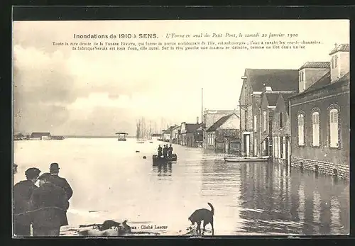 AK Sens, Inondation 1910, L`Yonne en aval du Petit Pont, Hochwasser