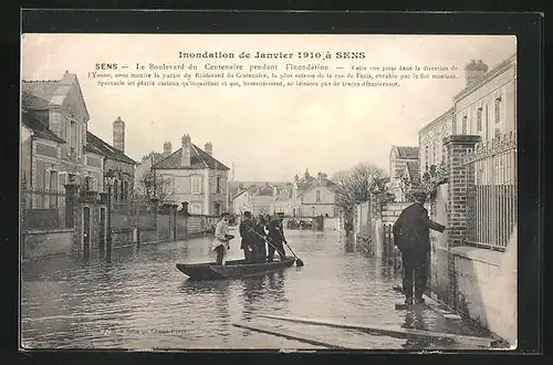 AK Sens, Inondation de Janvier 1910, Le Boulevard du Centenaire, Hochwasser