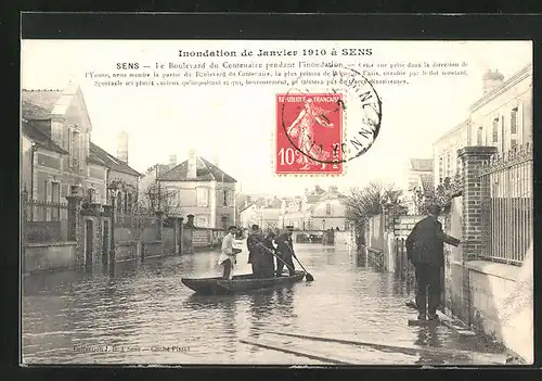 AK Sens, Inondation 1910, Le Boulevard du Centenaire, Hochwasser