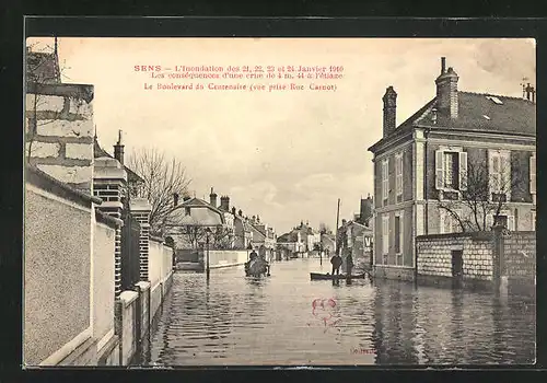 AK Sens, Inondation de Janvier 1910, Le Boulevard du Centenaire (vue prise Rue Carnot), Hochwasser