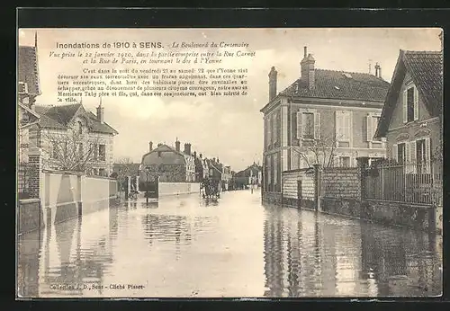 AK Sens, Inondation de Janvier 1910, Le Boulevard du Centenaire, Hochwasser