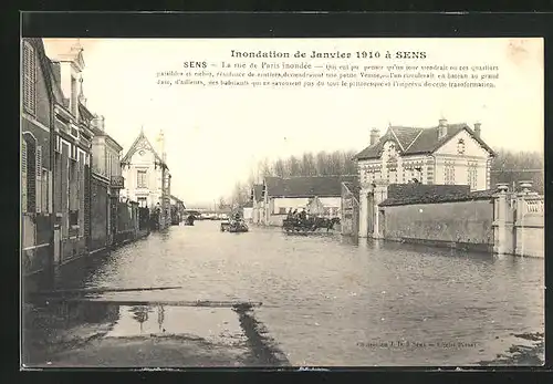 AK Sens, La rue de Paris inondée, Inondation de Janvier 1910, Hochwasser