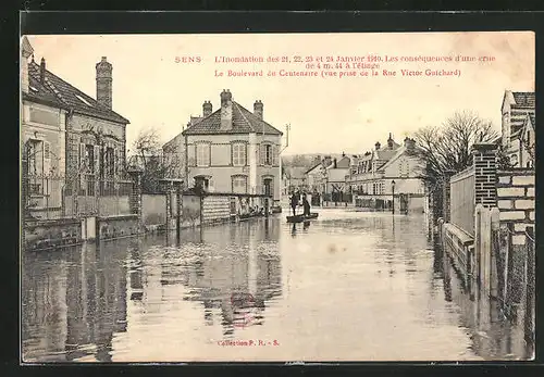 AK Sens, Le Boulevard du Centenaire, Inondation 1910, Hochwasser