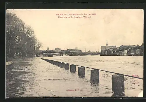 AK Sens, L`eau couvre le Quai de l`Abbatoir, L`Inondation de Janvier 1910, Hochwasser