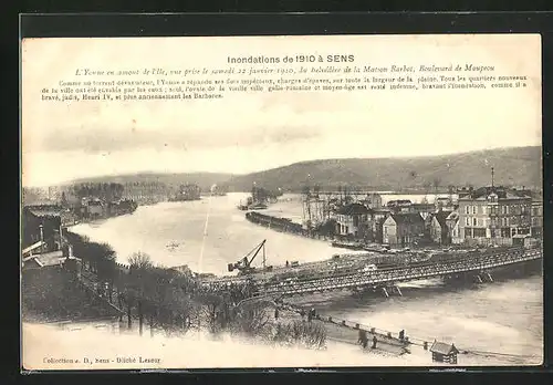 AK Sens, L`Yonne en amont de l`ile, vue prise du Belvédère de la Maison Barbot, Inondation 1910, Hochwasser