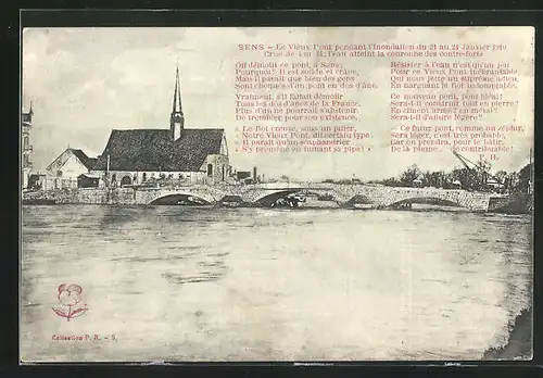 AK Sens, Le Vieux Pont pendant l`Inondation de Janvier 1910, Hochwasser