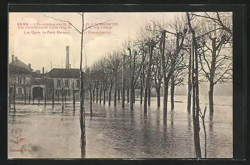 AK Sens, Les Quais du Petit Hameau et Ernest Landry, Inondation 1910, Hochwasser