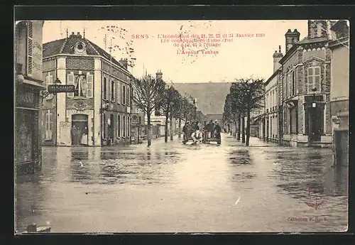 AK Sens, L`Avenue Vauban, L`Inondation de Janvier 1910, Hochwasser