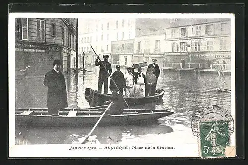 AK Asnières, Place de la Station, Inondation 1910, Hochwasser