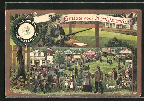 Künstler-AK Bruno Bürger & Ottillie Nr. 8201: Menschen auf dem Schützenfest, Schütze nimmt die Zielscheibe ins Visier