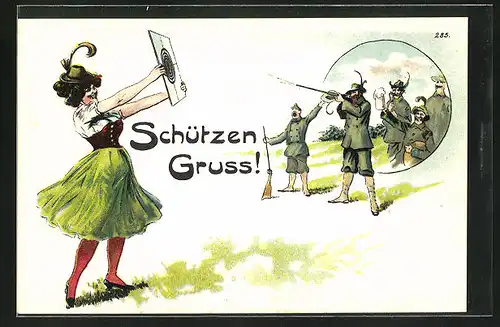 Künstler-AK Bruno Bürger & Ottillie Nr. 285: Frau in Tracht hält die Zielscheibe in die Höhe, Schützen legen an