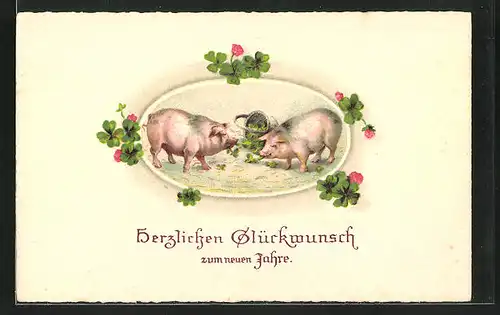 AK Schweine fressen Kleeblätter, Glückwunsch zum neuen Jahre!