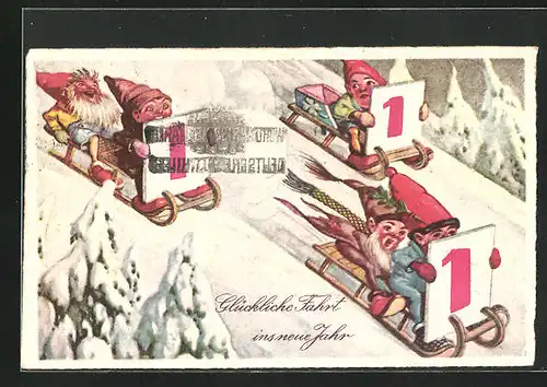 AK Zwerge fahren mit dem Schlitten den Berg hinunter, Kalenderblatt 1, Glückliche Fahrt ins neue Jahr!