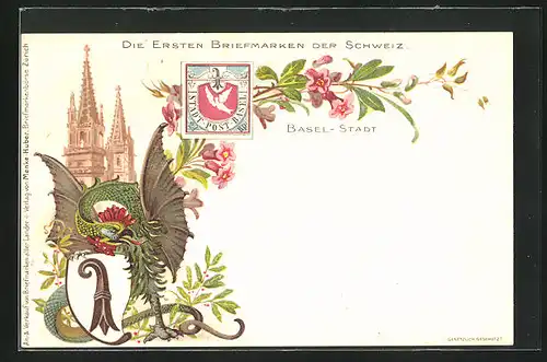 AK Die ersten Briefmarken der Schweiz, Wappen Stadt-Post-Basel