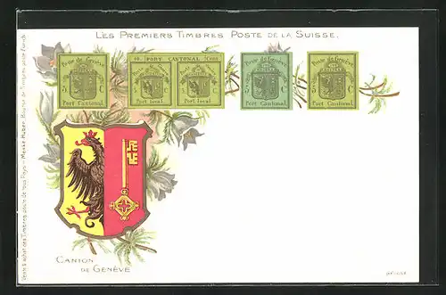 AK Die ersten Briefmarken der Schweiz, Wappen Kanton Genf