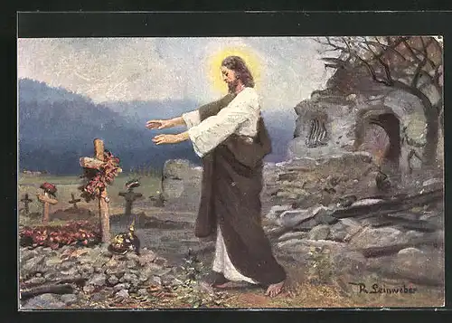 AK Jesus segnet das Grab eines Soldaten