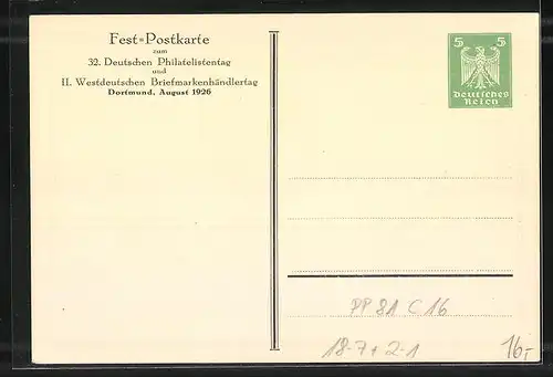 Künstler-AK Dortmund, Postwertzeichen-Ausstellung 1926, Postkutsche, Ganzsache PP81C16