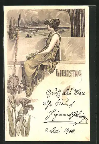 Künstler-AK H. Fründt: Wochentag Dienstag, Amazone mit Speer blickt auf eine Landschaft, Jugendstil