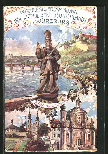 Künstler-AK Würzburg, 54. Generalversammlung der Katholiken Deutschlands 1907, Ganzsache Bayern PP15C139