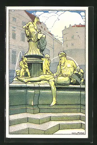 Künstler-AK sign. Süsser: Figuren am Brunnen, Jugendstil Kilophot Nr. 103