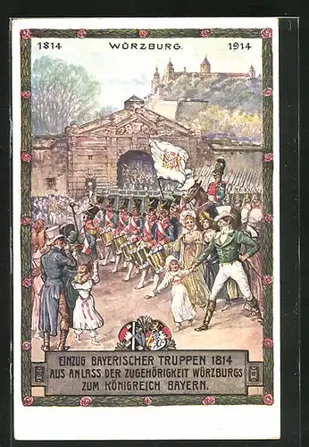 AK Würzburg, Einzug bayer. Truppen aus Anlass der Zugehörigkeit zum Königreich Bayern 1914, Ganzsache Bayern PP38C22 /01