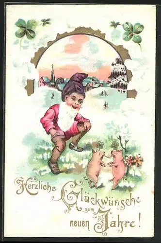 AK Zwerg und tanzende Schweine mit Kleeblatt zum neuen Jahre