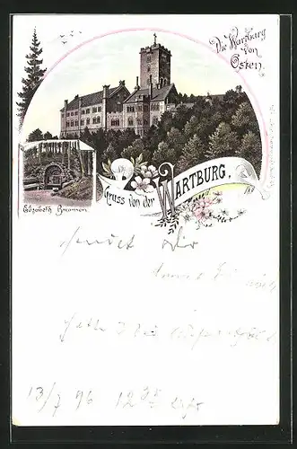 Lithographie Eisenach, Wartburg von Osten und Elisabeth-Brunnen