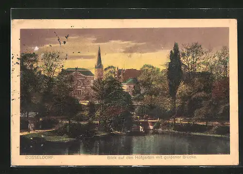 AK Düsseldorf, Blick auf den Hofgarten mit goldener Brücke