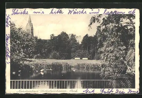 AK Nordseebad Wilhelmshaven, Park mit See und Blick zur Kirche