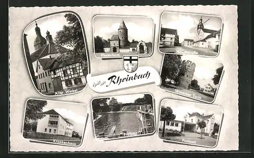 AK Rheinbach, Hauptstrasse, Wasemer Turm, Postamt, Hexenturm, Freibad, Krankenhaus und Alter Winkel