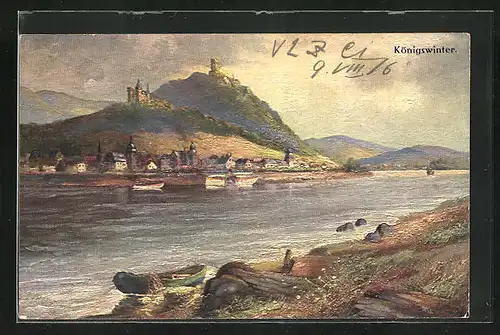 Künstler-AK Königswinter am Rhein, Ortsansicht mit Drachenfels und Drachenburg