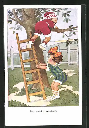Künstler-AK H. Zahl: Junge klettert auf einen Baum, Eine wacklige Geschichte