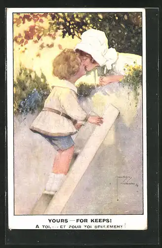 Künstler-AK Lawson Wood: Junge steht auf der Leiter und küsst seine kleine Freundin