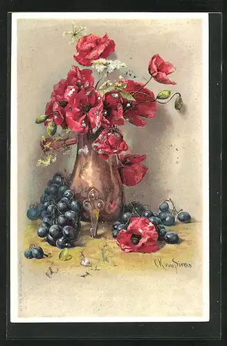 Präge-Künstler-AK Clara von Sivers: Stillleben mit Trauben und rotem Mohn in der Vase