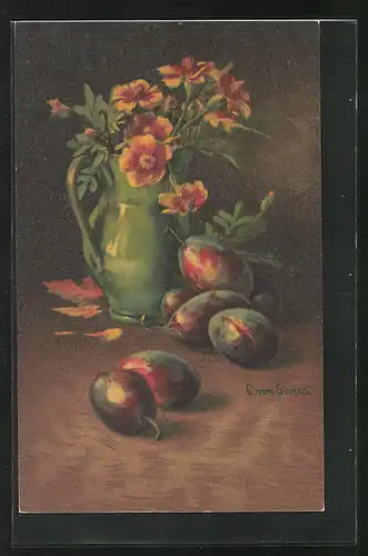 Künstler-AK Clara von Sivers: Pflaumen, Blumen in der Vase