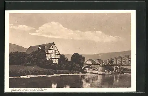 AK Gieselwerder a. d. Weser, Uferpartie mit Brücke