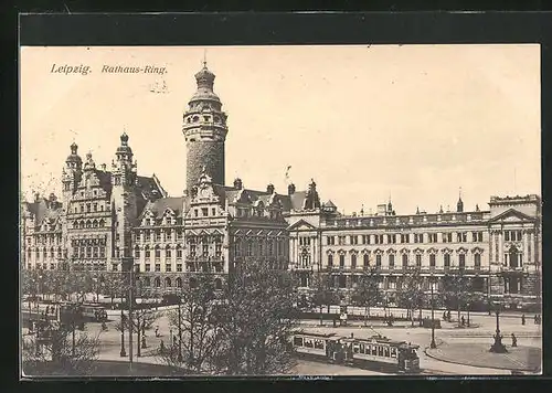 AK Leipzig, Rathaus-Ring mit Strassenbahn