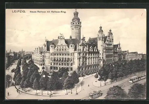 AK Leipzig, Neues Rathaus mit Rathaus-Ring, Strassenbahn