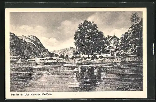 AK Meissen, Uferpartie mit Gasthaus Knorre