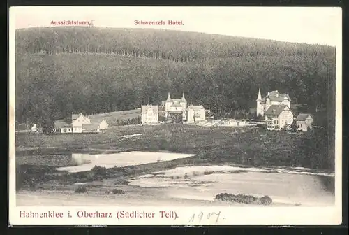 AK Hahnenklee / Oberharz, Südlicher Teil mit Aussichtsturm und Schwenzels Hotel