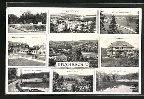 AK Brambach i. V., Kurpark, Radium-Kurhotel, Bose-Haus, Röthenbachtal, Waldteich bei Hohendorf