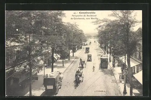 AK Courbevoie, Perspective du Boulevard de Courbevoie, vers Neuilly, Le Tramway, Strassenbahn