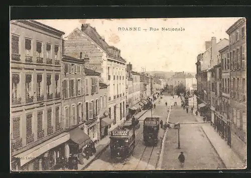 AK Roanne, Rue Nationale, Les Tramways, Strassenbahn