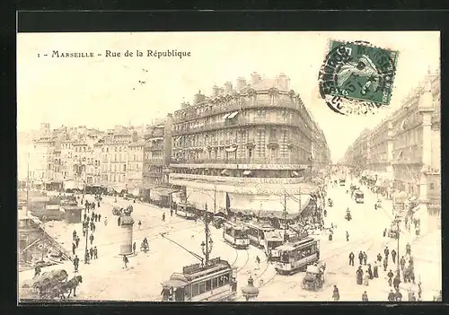 AK Marseille, Rue de la République, Les Tramways, Strassenbahn